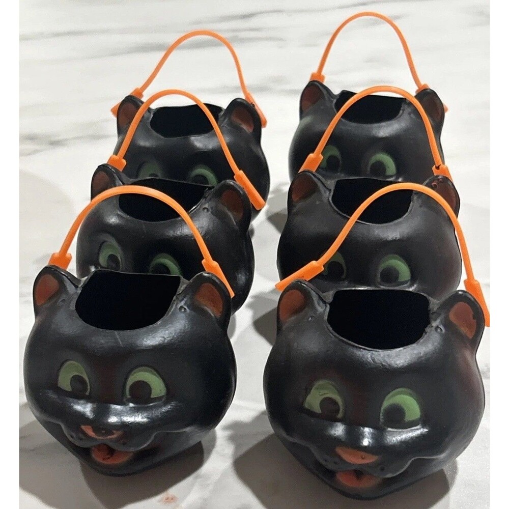 New Vintage Halloween Fun World Plastic Black Cat Candy Holder Set Of 6 NWOT
